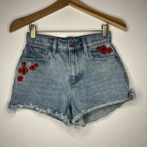 Marine Layer Light Blue Denim Jean Shorts with Red Floral Embroidery